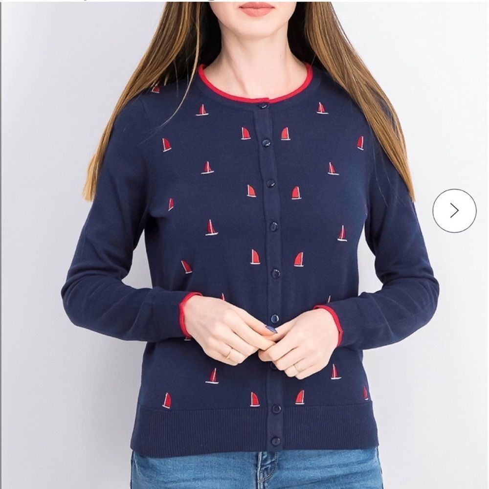 NWT⛵️Charter Club Navy Button Sweater Cardigan w/ embroidered ⛵️ sailboats Sz S
